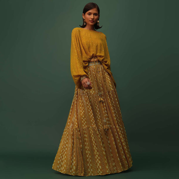 Mustard Yellow Top And Lehenga Set In Georgette With Sequins And Mirror Work