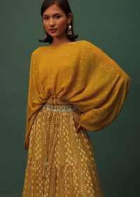 Mustard Yellow Top And Lehenga Set In Georgette With Sequins And Mirror Work