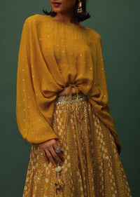 Mustard Yellow Top And Lehenga Set In Georgette With Sequins And Mirror Work