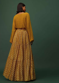 Mustard Yellow Top And Lehenga Set In Georgette With Sequins And Mirror Work