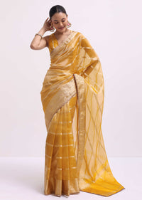 Mustard Yellow Zari Woven Chanderi Saree With Unstitched Blouse