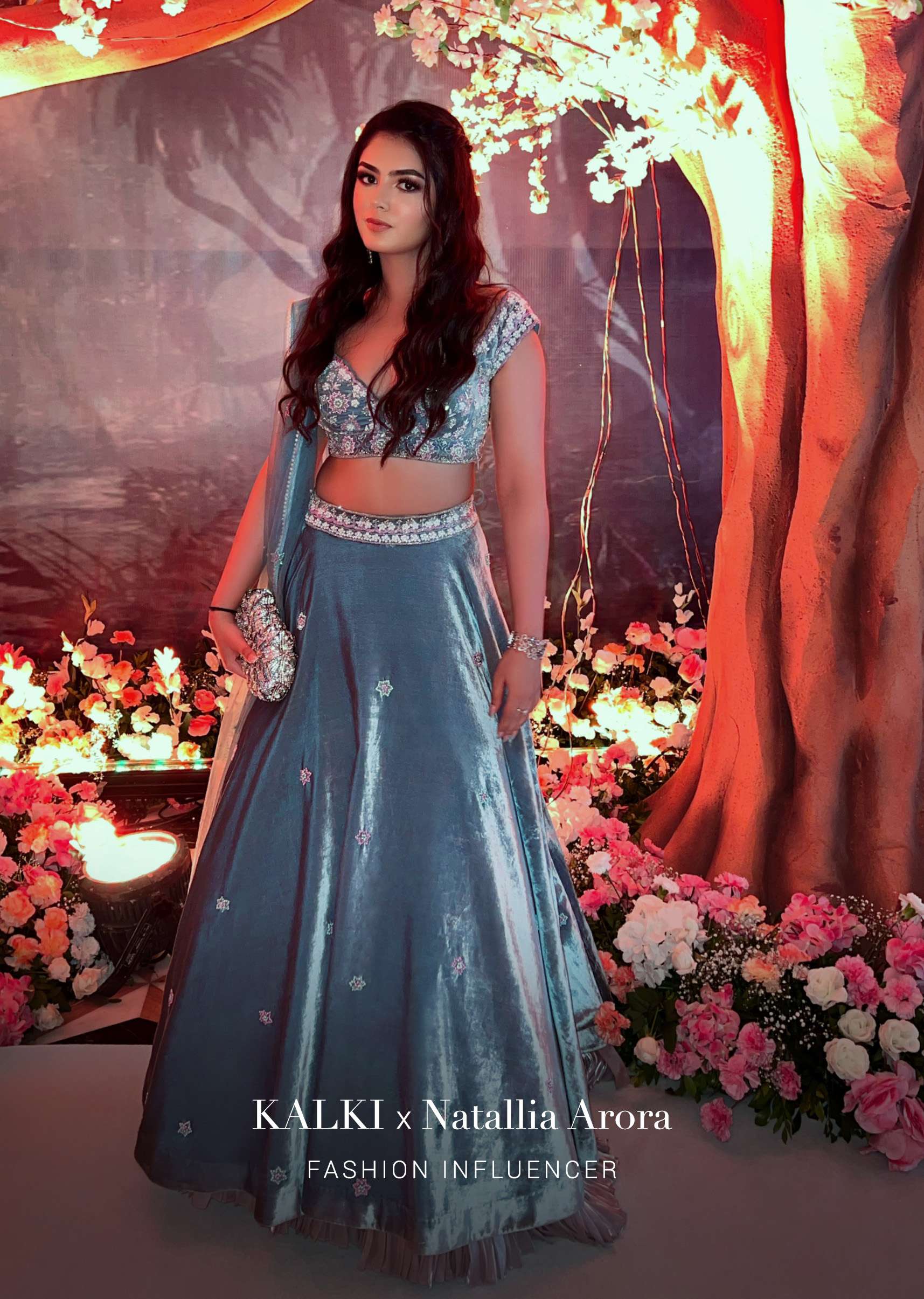 Frozen Blue Lehenga With Multi Colored Hand Embroidered Floral Buttis And Heavy Embroidered Choli