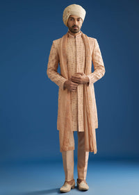 Natural Beige Tissue Sherwani Dupatta Set With Cutdana And Crystal Work