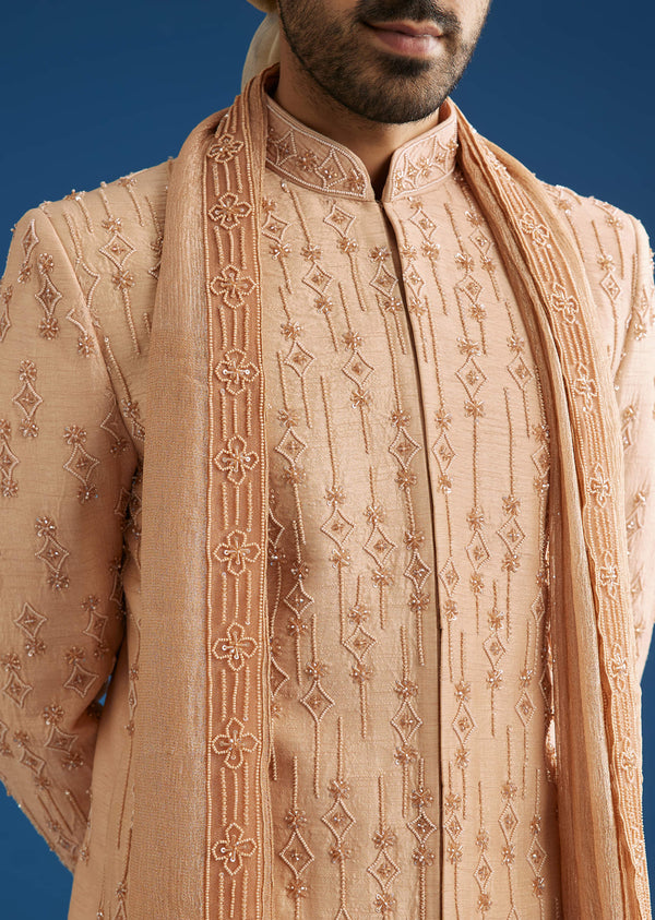Natural Beige Tissue Sherwani Dupatta Set With Cutdana And Crystal Work