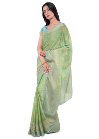 Nature Green Saree In Georgette Banarasi With Blue Blouse Piece Online - Kalki Fashion