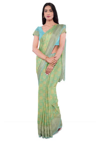 Nature Green Saree In Georgette Banarasi With Blue Blouse Piece Online - Kalki Fashion