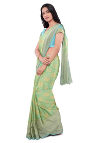 Nature Green Saree In Georgette Banarasi With Blue Blouse Piece Online - Kalki Fashion