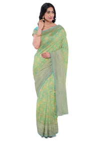 Nature Green Saree In Georgette Banarasi With Blue Blouse Piece Online - Kalki Fashion