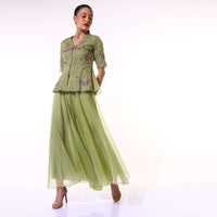 Green Palazzo Suit In Organza With A Matching Peplum Top Adorned In Zari And Thread Embroidery