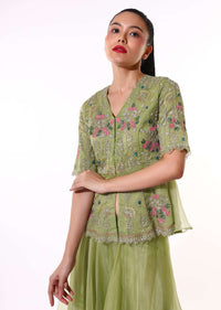 Green Palazzo Suit In Organza With A Matching Peplum Top Adorned In Zari And Thread Embroidery