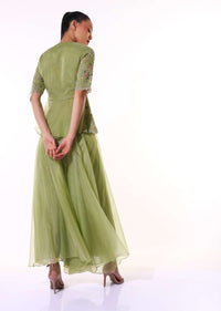 Green Palazzo Suit In Organza With A Matching Peplum Top Adorned In Zari And Thread Embroidery