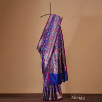 Cobalt Blue Banarasi Patola Saree In Katan Silk With Ikat Weave And Unstitched Blouse