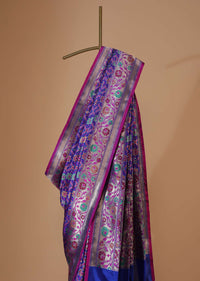 Cobalt Blue Banarasi Patola Saree In Katan Silk With Ikat Weave And Unstitched Blouse