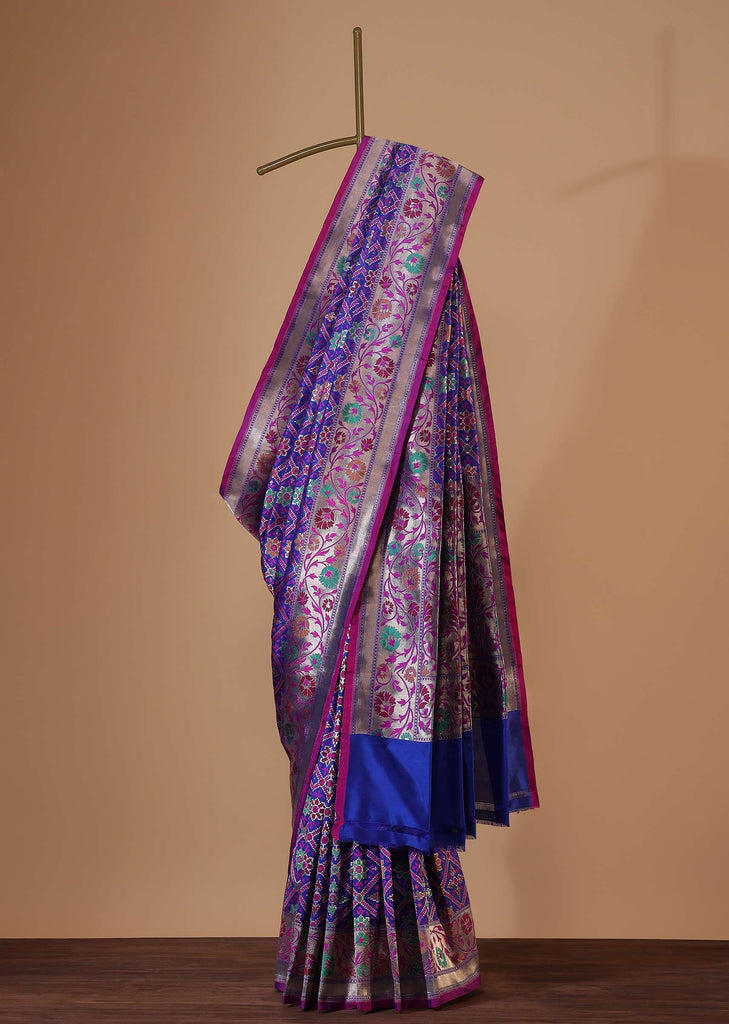 Cobalt Blue Banarasi Patola Saree In Katan Silk With Ikat Weave And Unstitched Blouse