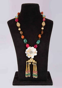 Navratna stone studded long traditional necklace with acrylic beaded 3 D flower pendant only on Kalki