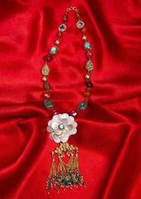 Navratna stone studded long traditional necklace with acrylic beaded 3 D flower pendant only on Kalki