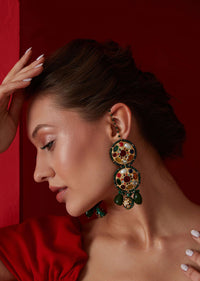 Navrattan Kundan Earrings In Gold Plated Silver Alloy