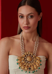 Navrattan Studded Gold Plated Necklace With Temple Work