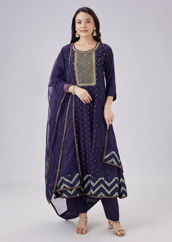 Navy Blue Banarasi Silk Embellished Anarkali Set