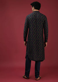 Navy Blue Bandi Jacket With Block Printed Floral Buttis, Off Centre Placket And Bandhani Printed Cowl Kurta Set