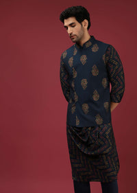 Navy Blue Bandi Jacket With Block Printed Floral Buttis, Off Centre Placket And Bandhani Printed Cowl Kurta Set