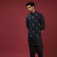 Navy Blue Bandi Jacket With Block Printed Floral Buttis, Off Centre Placket And Bandhani Printed Cowl Kurta Set