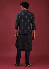 Navy Blue Bandi Jacket With Block Printed Floral Buttis, Off Centre Placket And Bandhani Printed Cowl Kurta Set