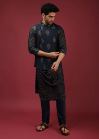 Navy Blue Bandi Jacket With Block Printed Floral Buttis, Off Centre Placket And Bandhani Printed Cowl Kurta Set