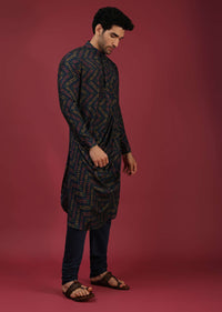 Navy Blue Bandi Jacket With Block Printed Floral Buttis, Off Centre Placket And Bandhani Printed Cowl Kurta Set