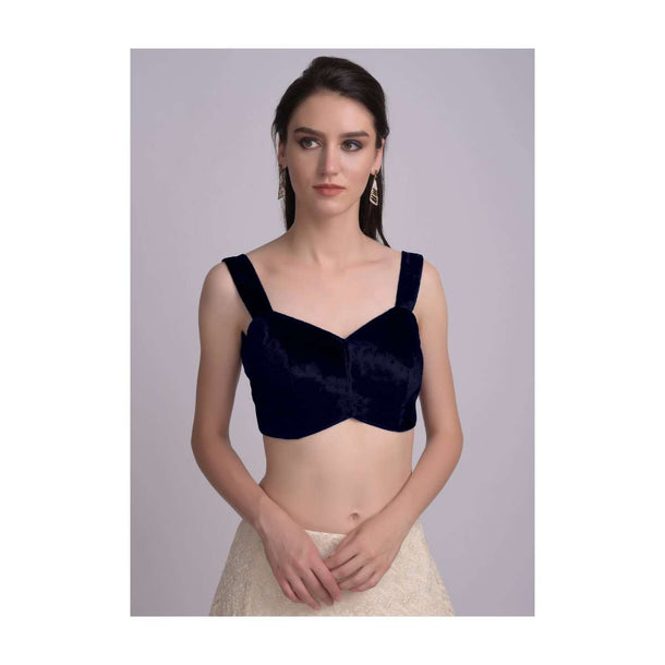 Navy blue Blouse In Velvet With Sweetheart Neckline And  Curved Hem