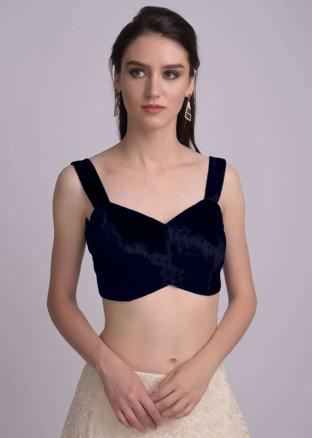 Navy blue Blouse In Velvet With Sweetheart Neckline And  Curved Hem