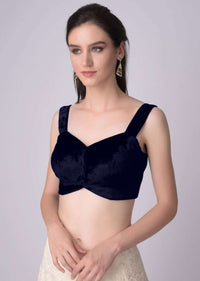 Navy blue Blouse In Velvet With Sweetheart Neckline And  Curved Hem