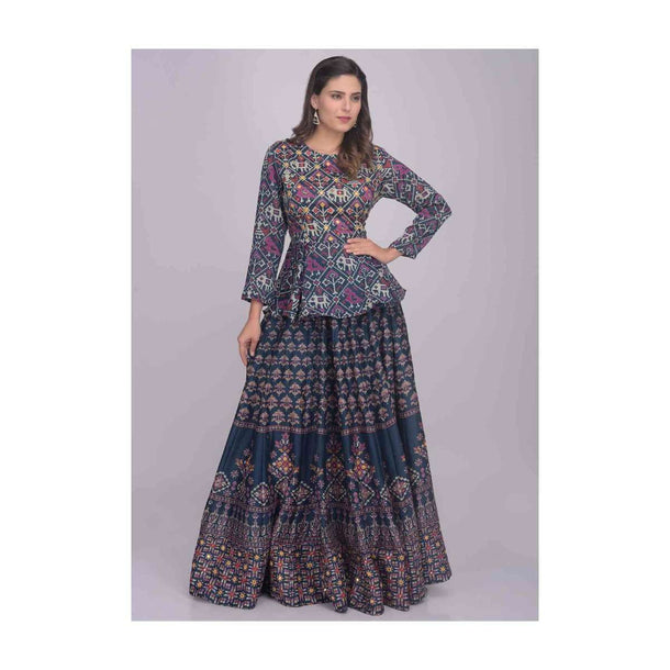 Navy Blue Skirt Top Set In Cotton With Patola Print Online - Kalki Fashion