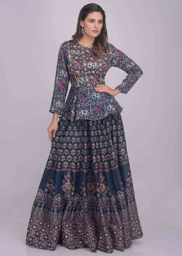 Navy Blue Skirt Top Set In Cotton With Patola Print Online - Kalki Fashion