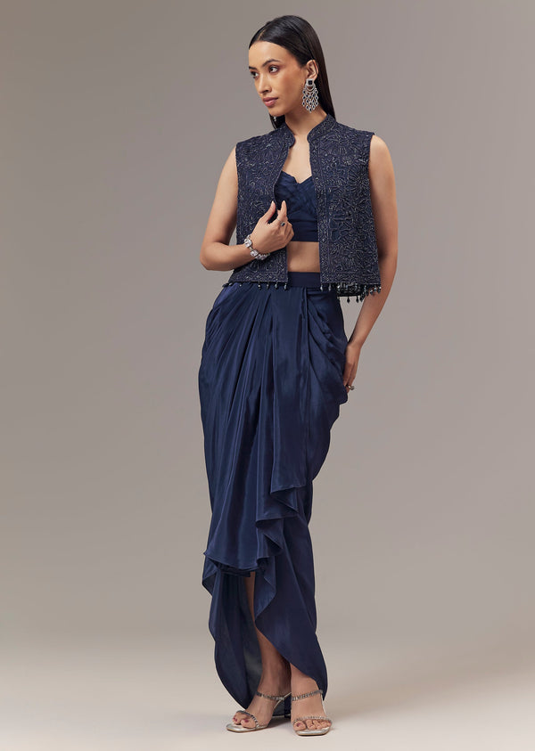 Navy Blue Crepe Indo Western Crop Top And Draped Skirt Set With Embroidered Jacket
