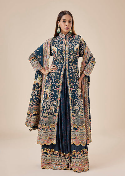 Navy Blue Crepe Mughal-Inspired Print Palazzo Suit