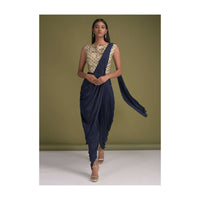 Navy Blue Dhoti Saree In Satin With  Pre-Stitched Pallu And Sand Beige Floral Printed Crop Top Online - Kalki Fashion