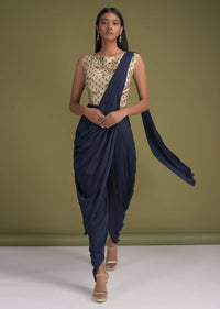 Navy Blue Dhoti Saree In Satin With  Pre-Stitched Pallu And Sand Beige Floral Printed Crop Top Online - Kalki Fashion