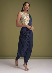 Navy Blue Dhoti Saree In Satin With  Pre-Stitched Pallu And Sand Beige Floral Printed Crop Top Online - Kalki Fashion