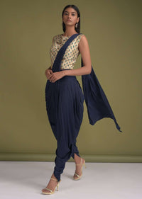 Navy Blue Dhoti Saree In Satin With  Pre-Stitched Pallu And Sand Beige Floral Printed Crop Top Online - Kalki Fashion