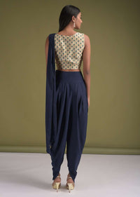 Navy Blue Dhoti Saree In Satin With  Pre-Stitched Pallu And Sand Beige Floral Printed Crop Top Online - Kalki Fashion