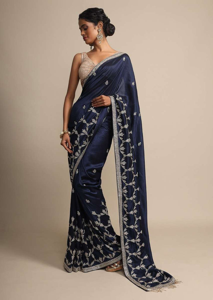 Navy Blue Dupion Saree With Hand Embroidered Butti And Border Online - Kalki Fashion