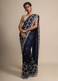 Navy Blue Dupion Saree With Hand Embroidered Butti And Border Online - Kalki Fashion