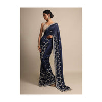 Navy Blue Dupion Saree With Hand Embroidered Butti And Border Online - Kalki Fashion