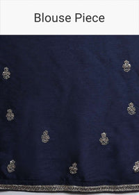 Navy Blue Dupion Saree With Hand Embroidered Butti And Border Online - Kalki Fashion