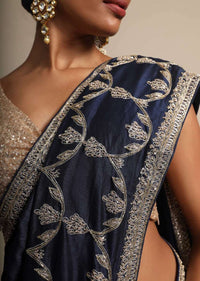 Navy Blue Dupion Saree With Hand Embroidered Butti And Border Online - Kalki Fashion