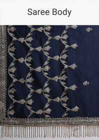 Navy Blue Dupion Saree With Hand Embroidered Butti And Border Online - Kalki Fashion