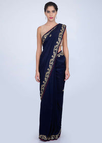 Navy blue dupion silk saree with cut dana and sequins embroidery and butti only on kalki