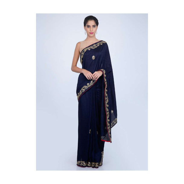 Navy blue dupion silk saree with cut dana and sequins embroidery and butti only on kalki