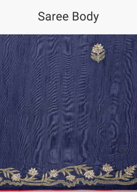 Navy blue dupion silk saree with cut dana and sequins embroidery and butti only on kalki